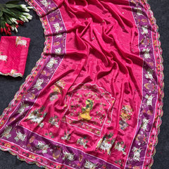Royal Pink Aari Mirror Foil Work Printed Chinon Saree with Running Blouse