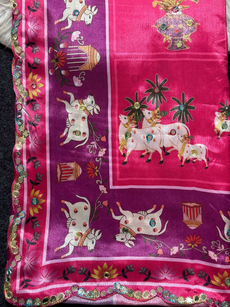 Royal Pink Aari Mirror Foil Work Printed Chinon Saree with Running Blouse