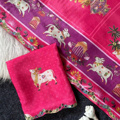 Royal Pink Aari Mirror Foil Work Printed Chinon Saree with Running Blouse