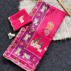Royal Pink Aari Mirror Foil Work Printed Chinon Saree with Running Blouse