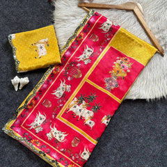 Mustard Yellow Chinon Saree with Pichwai Print & Mirror Work Border