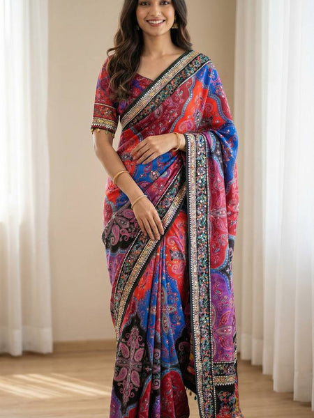 Vibrant Paisley Print Saree with Real Mirror Work