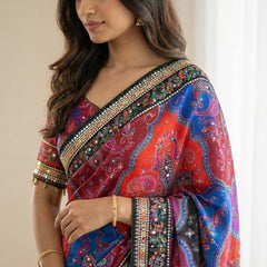 Vibrant Paisley Print Saree with Real Mirror Work