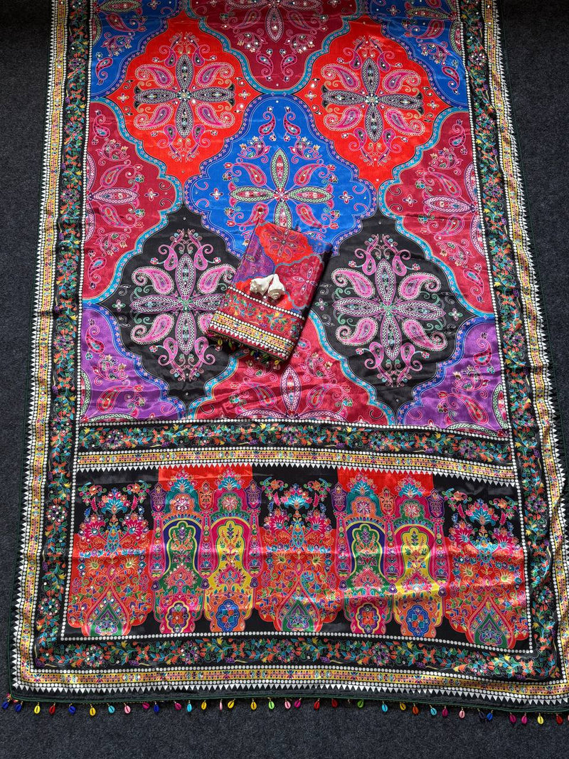 Vibrant Paisley Print Saree with Real Mirror Work