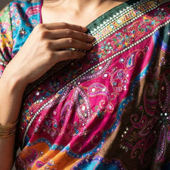 Vibrant Multicolor Soft Satin Printed Saree with Real Mirror Work & Fancy Moti Latkan Pallu