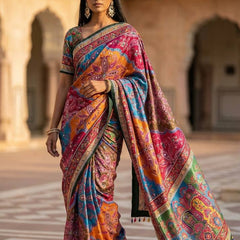 Vibrant Multicolor Soft Satin Printed Saree with Real Mirror Work & Fancy Moti Latkan Pallu