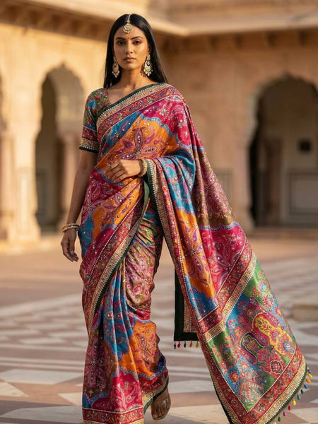 Vibrant Multicolor Soft Satin Printed Saree with Real Mirror Work & Fancy Moti Latkan Pallu