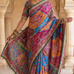 Vibrant Multicolor Soft Satin Printed Saree with Real Mirror Work & Fancy Moti Latkan Pallu