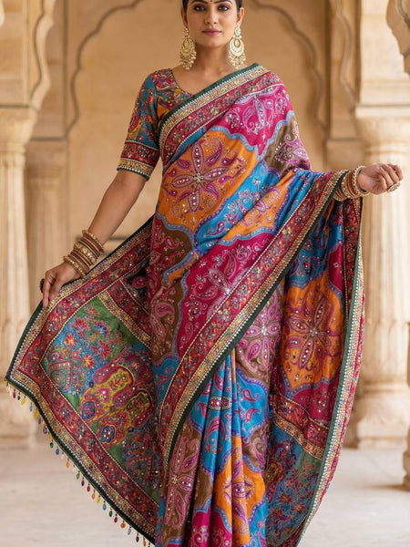 Vibrant Multicolor Soft Satin Printed Saree with Real Mirror Work & Fancy Moti Latkan Pallu