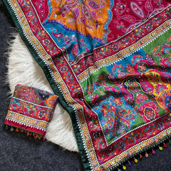 Vibrant Multicolor Soft Satin Printed Saree with Real Mirror Work & Fancy Moti Latkan Pallu