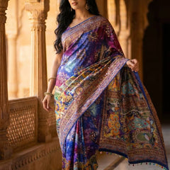 Royal Multicolor Soft Satin Printed Saree with Real Mirror Work & Fancy Moti Latkan Pallu