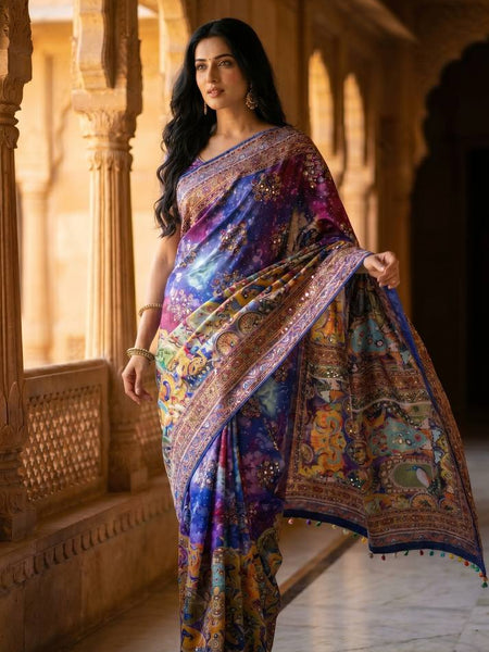 Royal Multicolor Soft Satin Printed Saree with Real Mirror Work & Fancy Moti Latkan Pallu