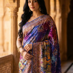 Royal Multicolor Soft Satin Printed Saree with Real Mirror Work & Fancy Moti Latkan Pallu