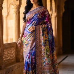 Royal Multicolor Soft Satin Printed Saree with Real Mirror Work & Fancy Moti Latkan Pallu