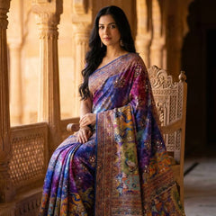 Royal Multicolor Soft Satin Printed Saree with Real Mirror Work & Fancy Moti Latkan Pallu