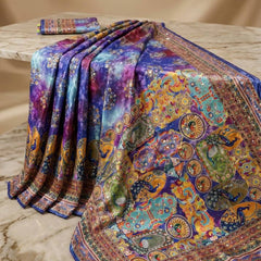 Royal Multicolor Soft Satin Printed Saree with Real Mirror Work & Fancy Moti Latkan Pallu