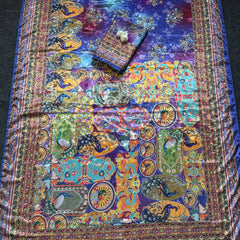 Royal Multicolor Soft Satin Printed Saree with Real Mirror Work & Fancy Moti Latkan Pallu