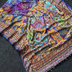 Royal Multicolor Soft Satin Printed Saree with Real Mirror Work & Fancy Moti Latkan Pallu