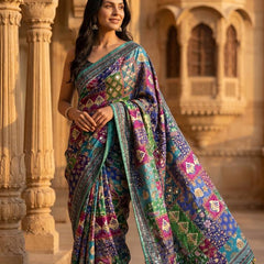 Soft Satin Ajrakh Print Saree with Real Mirror Work & Fancy Moti Latkan Pallu