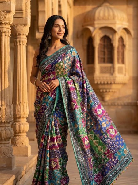 Soft Satin Ajrakh Print Saree with Real Mirror Work & Fancy Moti Latkan Pallu