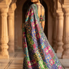 Soft Satin Ajrakh Print Saree with Real Mirror Work & Fancy Moti Latkan Pallu