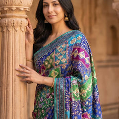 Soft Satin Ajrakh Print Saree with Real Mirror Work & Fancy Moti Latkan Pallu