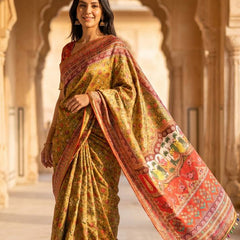 Women's Olive Green Soft Satin Floral Print Saree with Designer Ethnic Pallu & Multicolor Latkan Tassels