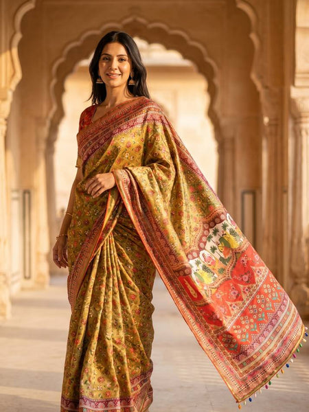 Women's Olive Green Soft Satin Floral Print Saree with Designer Ethnic Pallu & Multicolor Latkan Tassels