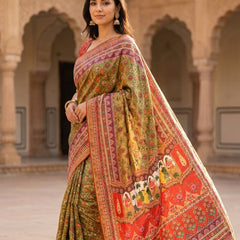 Women's Olive Green Soft Satin Floral Print Saree with Designer Ethnic Pallu & Multicolor Latkan Tassels