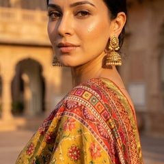 Women's Olive Green Soft Satin Floral Print Saree with Designer Ethnic Pallu & Multicolor Latkan Tassels