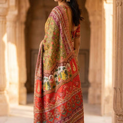 Women's Olive Green Soft Satin Floral Print Saree with Designer Ethnic Pallu & Multicolor Latkan Tassels