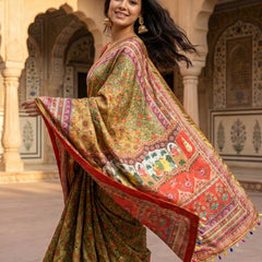 Women's Olive Green Soft Satin Floral Print Saree with Designer Ethnic Pallu & Multicolor Latkan Tassels