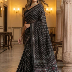 Black Ajrakh Print Satin Saree with Mirror Work
