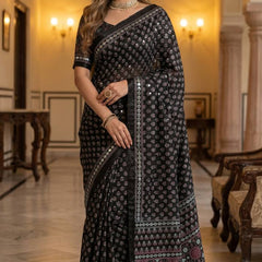 Black Ajrakh Print Satin Saree with Mirror Work
