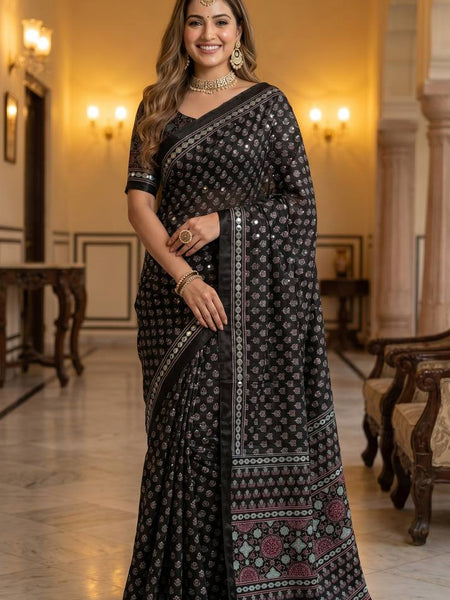 Black Ajrakh Print Satin Saree with Mirror Work
