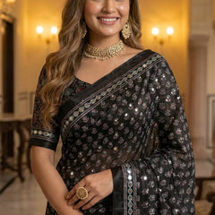 Black Ajrakh Print Satin Saree with Mirror Work