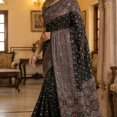 Black Ajrakh Print Satin Saree with Mirror Work