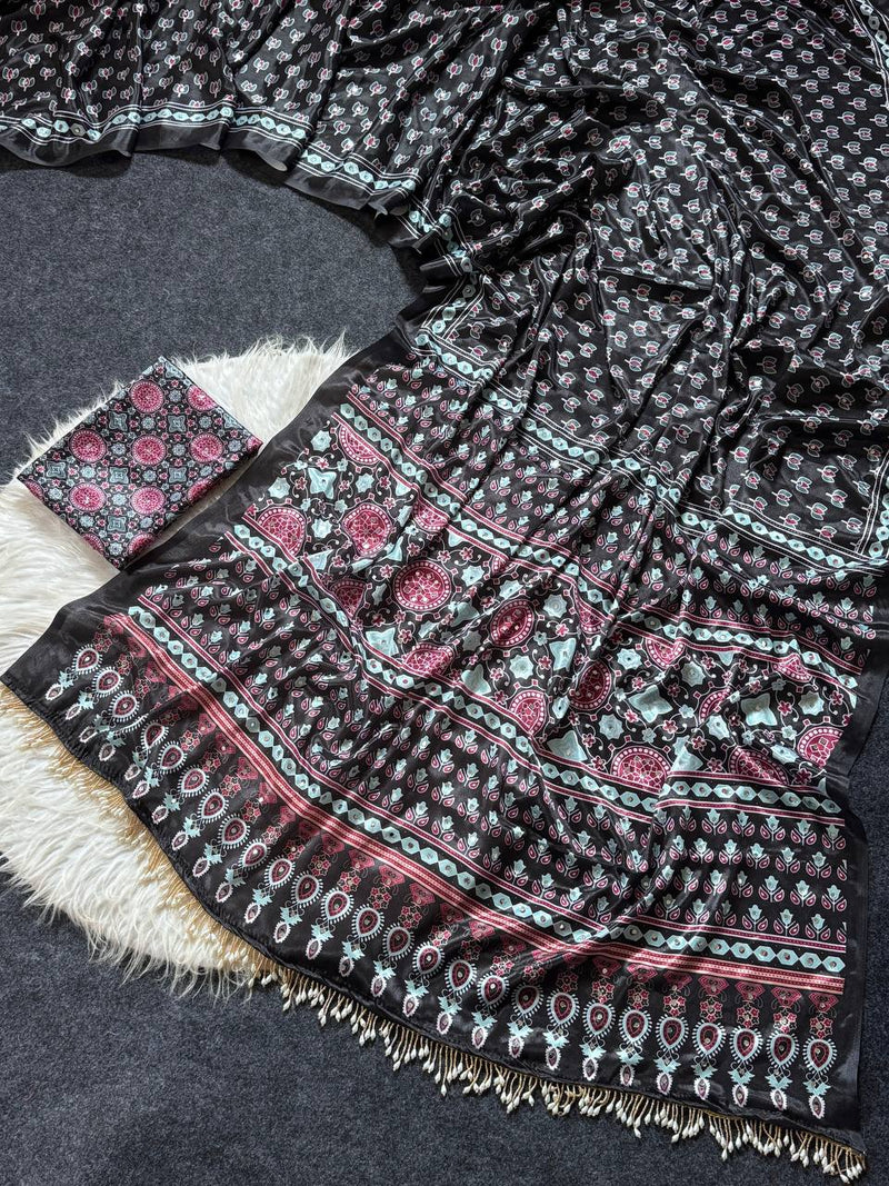 Black Ajrakh Print Satin Saree with Mirror Work