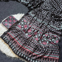 Black Ajrakh Print Satin Saree with Mirror Work