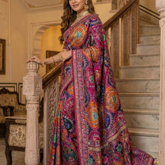 Women's Multicolor Soft Satin Digital Print Saree with Ethnic Paisley Design & Fancy Latkan Pallu