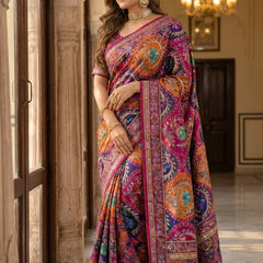 Women's Multicolor Soft Satin Digital Print Saree with Ethnic Paisley Design & Fancy Latkan Pallu
