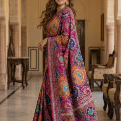 Women's Multicolor Soft Satin Digital Print Saree with Ethnic Paisley Design & Fancy Latkan Pallu