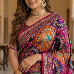 Women's Multicolor Soft Satin Digital Print Saree with Ethnic Paisley Design & Fancy Latkan Pallu