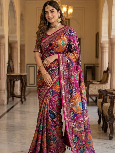Women's Multicolor Soft Satin Digital Print Saree with Ethnic Paisley Design & Fancy Latkan Pallu