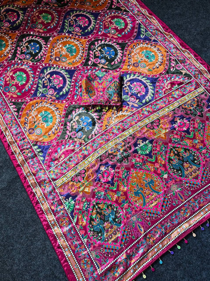 Women's Multicolor Soft Satin Digital Print Saree with Ethnic Paisley Design & Fancy Latkan Pallu