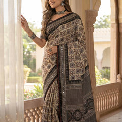 Beige Ajrakh Print Satin Saree with Mirror Work