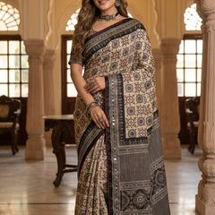 Beige Ajrakh Print Satin Saree with Mirror Work