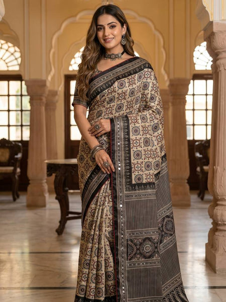 Beige Ajrakh Print Satin Saree with Mirror Work