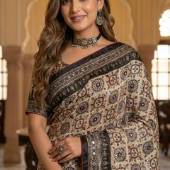 Beige Ajrakh Print Satin Saree with Mirror Work