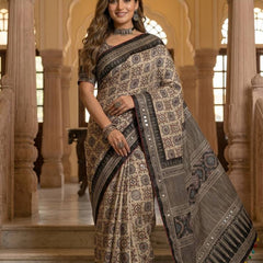 Beige Ajrakh Print Satin Saree with Mirror Work